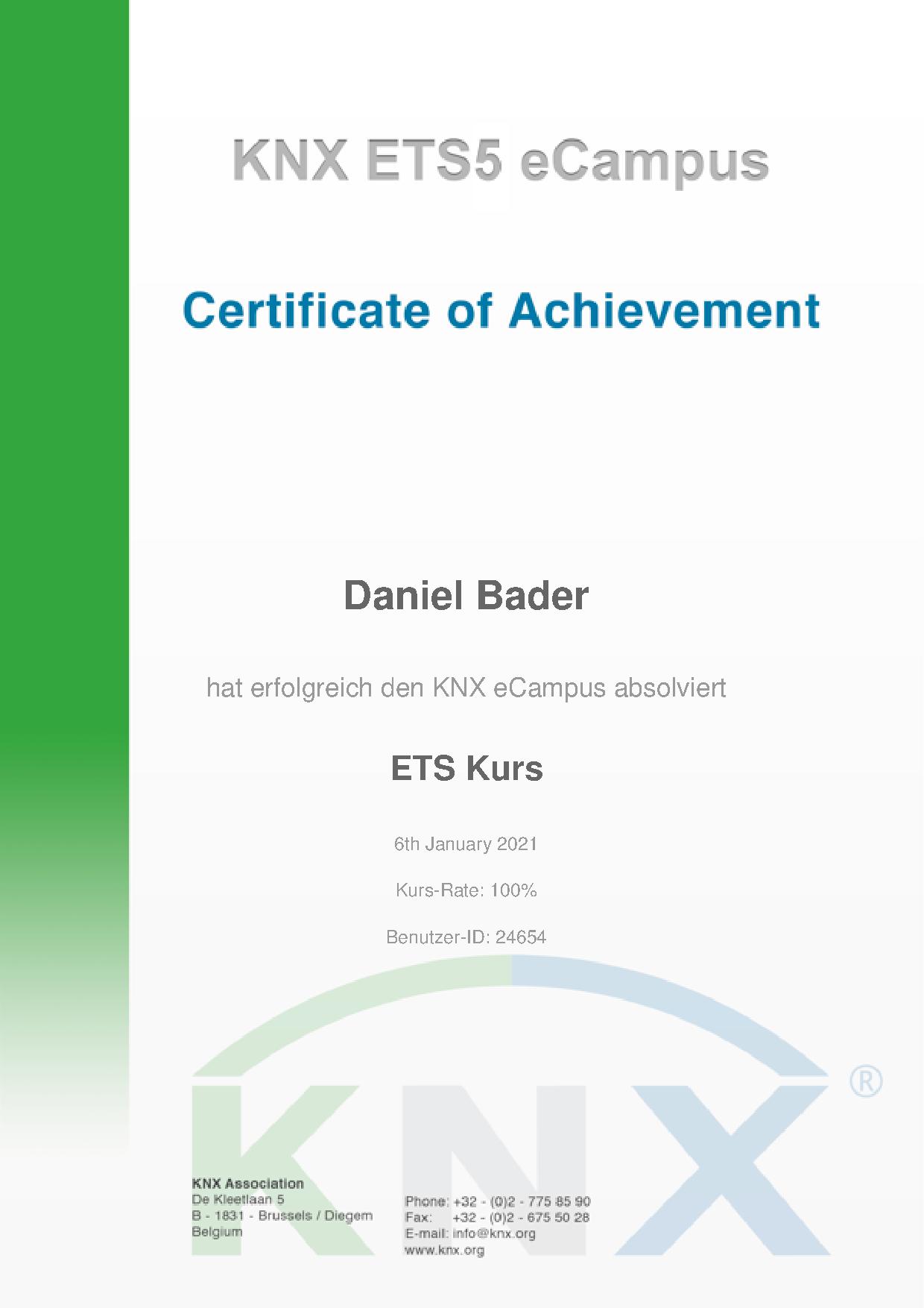 KNX eCampus Zertifikat ETS5 Daniel Bader